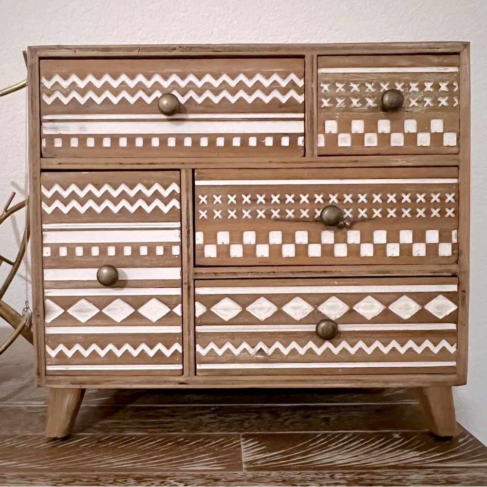 Like New Boho Tribal Wood 5 Drawer Jewelry Box - Picture 2 of 10